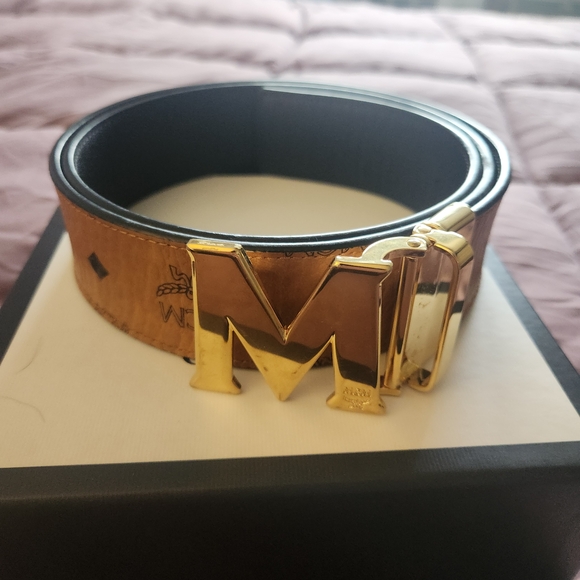 MCM Gold Buckle Brown/Black Leather Belt - Picture 1 of 3